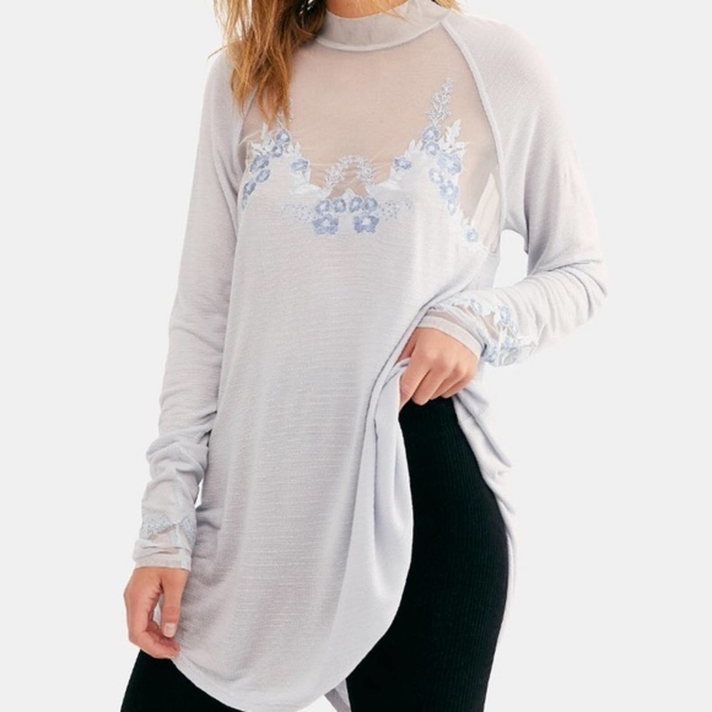 Free People Saheli Blue Mesh Floral Tunic Medium